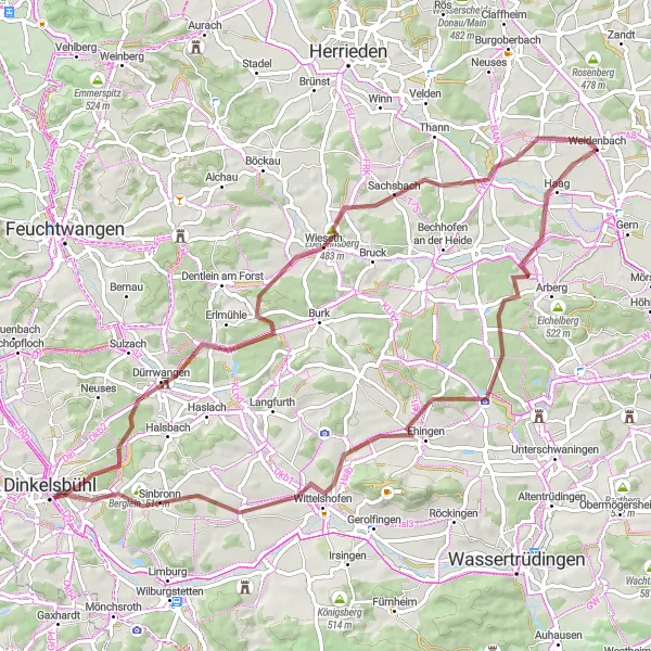 Karten-Miniaturansicht der Radinspiration "Kultur- und Naturgenuss rund um Dinkelsbühl" in Mittelfranken, Germany. Erstellt vom Tarmacs.app-Routenplaner für Radtouren