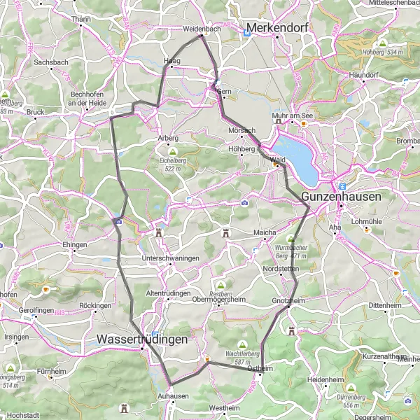 Karten-Miniaturansicht der Radinspiration "Entspannte Rundtour durch Gnotzheim und Auhausen" in Mittelfranken, Germany. Erstellt vom Tarmacs.app-Routenplaner für Radtouren