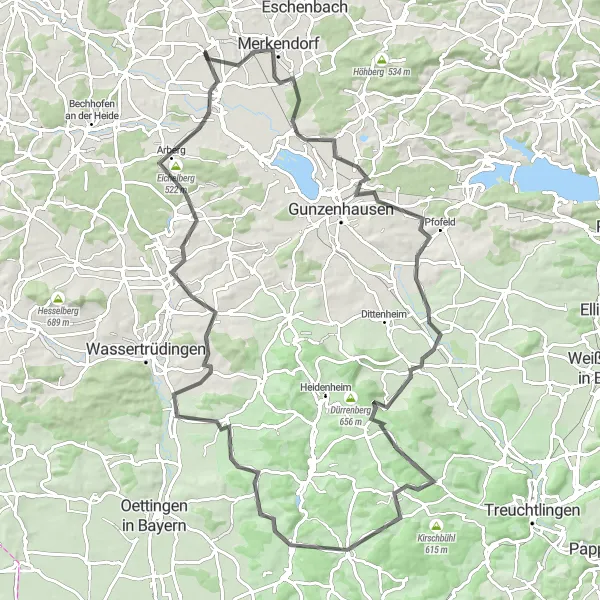 Karten-Miniaturansicht der Radinspiration "Rund um Weidenbach und Merkendorf" in Mittelfranken, Germany. Erstellt vom Tarmacs.app-Routenplaner für Radtouren