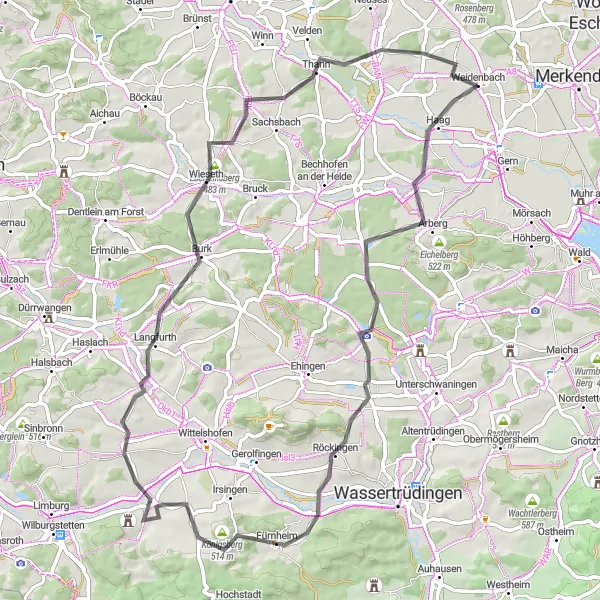 Karten-Miniaturansicht der Radinspiration "Anspruchsvolle Tour durch das Fränkische Seenland" in Mittelfranken, Germany. Erstellt vom Tarmacs.app-Routenplaner für Radtouren