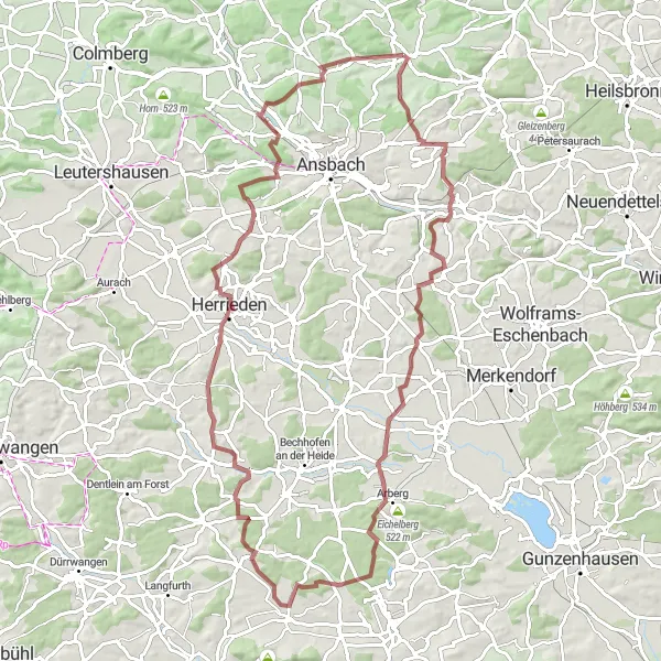 Map miniature of "Gravel Adventure: Weinberg and Bocksberg Loop" cycling inspiration in Mittelfranken, Germany. Generated by Tarmacs.app cycling route planner