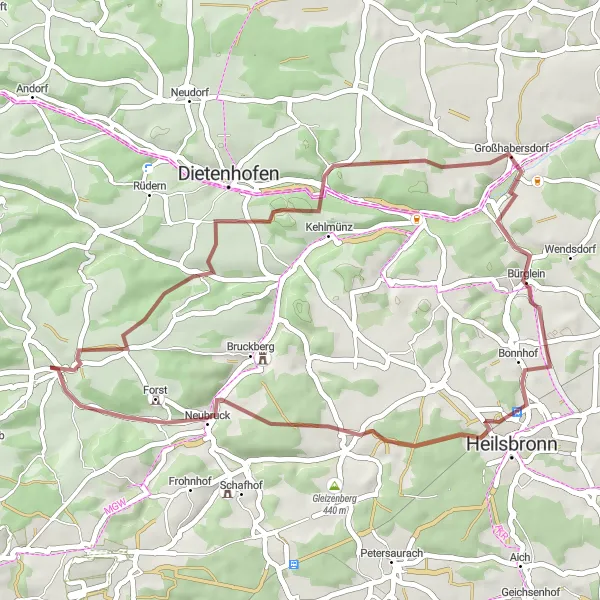 Map miniature of "Gravel Escape: The Hills and Vineyards of Mittelfranken" cycling inspiration in Mittelfranken, Germany. Generated by Tarmacs.app cycling route planner