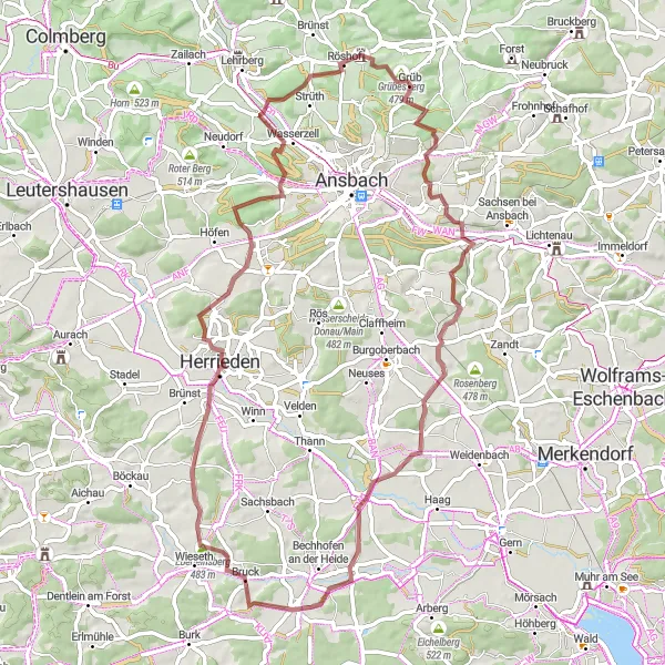 Map miniature of "Wolfartswinden Exploration" cycling inspiration in Mittelfranken, Germany. Generated by Tarmacs.app cycling route planner