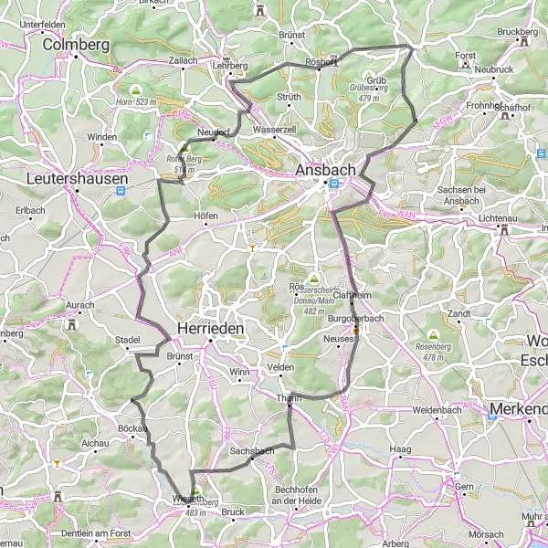 Map miniature of "The Scenic Road" cycling inspiration in Mittelfranken, Germany. Generated by Tarmacs.app cycling route planner