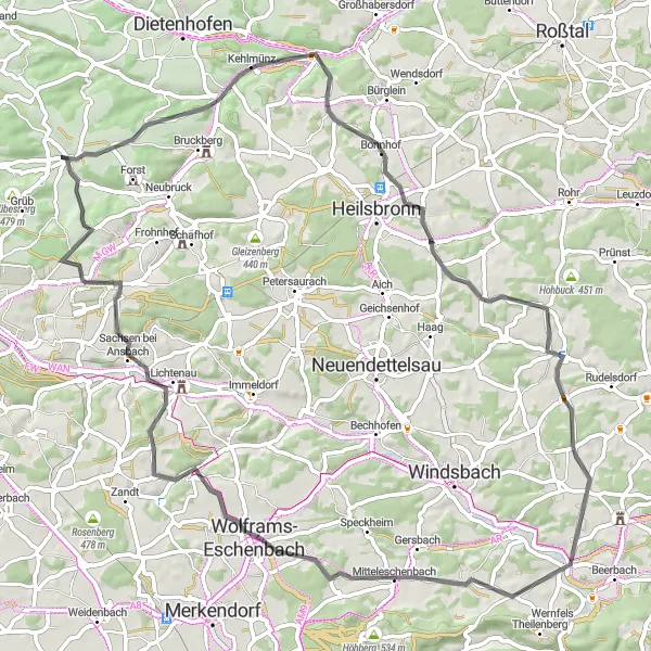 Map miniature of "Roads of Bonnhof" cycling inspiration in Mittelfranken, Germany. Generated by Tarmacs.app cycling route planner