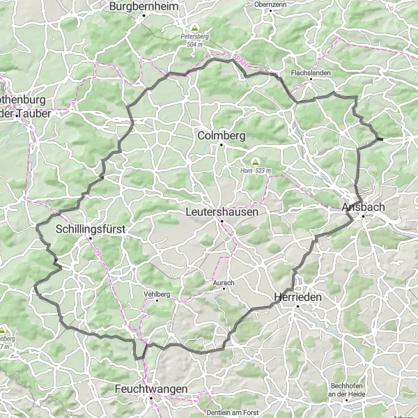 Map miniature of "Ansbach and Geslau Loop" cycling inspiration in Mittelfranken, Germany. Generated by Tarmacs.app cycling route planner