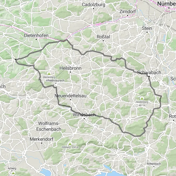 Map miniature of "Scenic Schwabach and Stadtturm Loop" cycling inspiration in Mittelfranken, Germany. Generated by Tarmacs.app cycling route planner