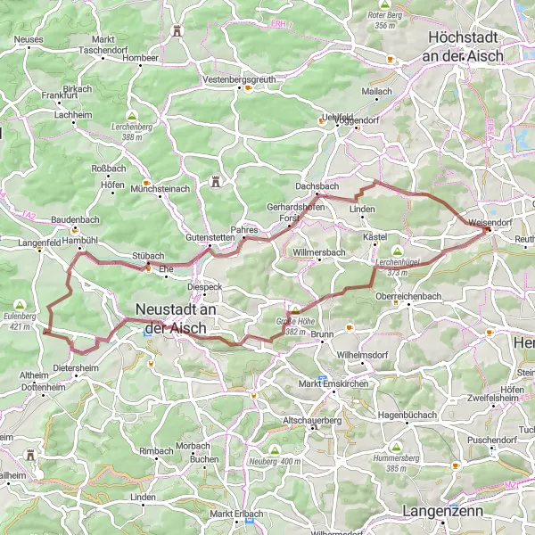 Map miniature of "Gravel Adventure near Weisendorf" cycling inspiration in Mittelfranken, Germany. Generated by Tarmacs.app cycling route planner