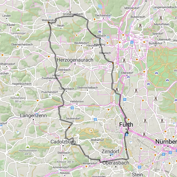 Map miniature of "Pegnitz and Rednitz Confluence Loop" cycling inspiration in Mittelfranken, Germany. Generated by Tarmacs.app cycling route planner