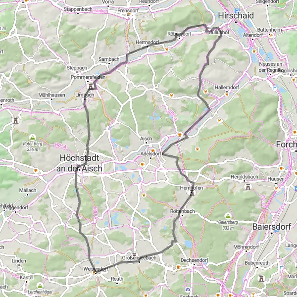 Map miniature of "Discover Weisendorf and Beyond" cycling inspiration in Mittelfranken, Germany. Generated by Tarmacs.app cycling route planner
