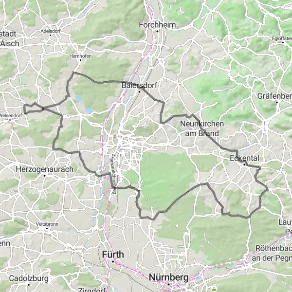 Map miniature of "Hills and Valleys - A Road Cycling Escapade" cycling inspiration in Mittelfranken, Germany. Generated by Tarmacs.app cycling route planner