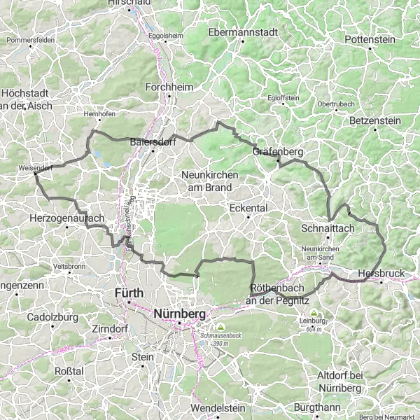 Map miniature of "The Hill Hunter - A Road Adventure" cycling inspiration in Mittelfranken, Germany. Generated by Tarmacs.app cycling route planner