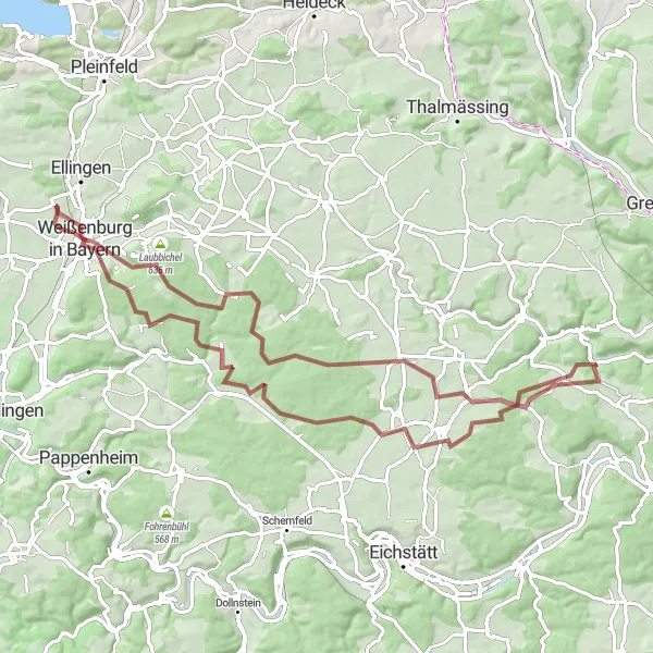 Karten-Miniaturansicht der Radinspiration "Abenteuerliche Graveltour um Weißenburg in Bayern" in Mittelfranken, Germany. Erstellt vom Tarmacs.app-Routenplaner für Radtouren