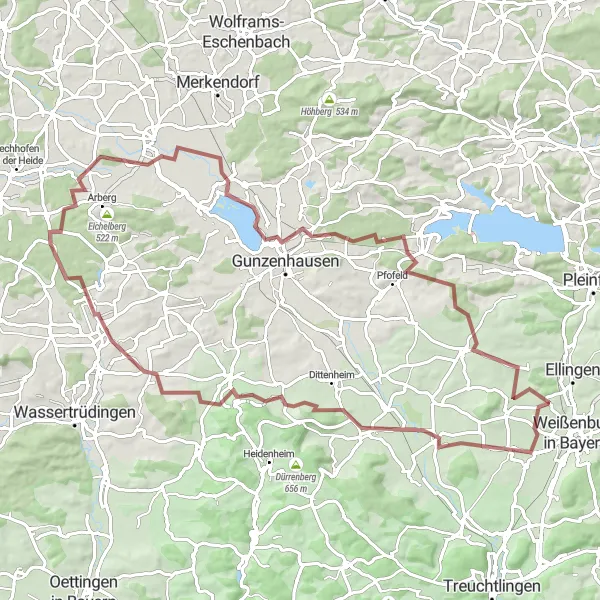 Map miniature of "Weißenburg to Unterschwaningen Gravel Route" cycling inspiration in Mittelfranken, Germany. Generated by Tarmacs.app cycling route planner