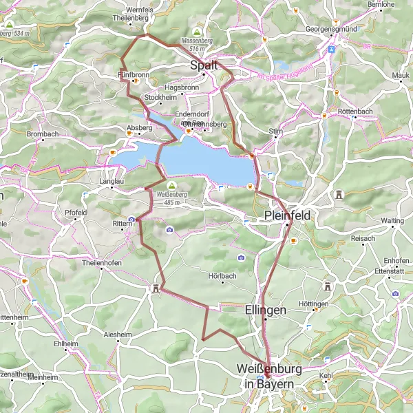 Map miniature of "Weißenburg to Absberg Gravel Route" cycling inspiration in Mittelfranken, Germany. Generated by Tarmacs.app cycling route planner