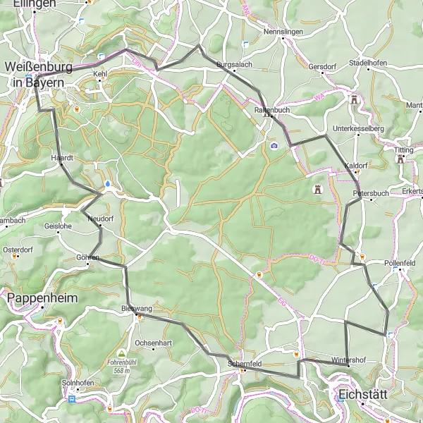 Map miniature of "Bavarian Countryside Road Ride" cycling inspiration in Mittelfranken, Germany. Generated by Tarmacs.app cycling route planner