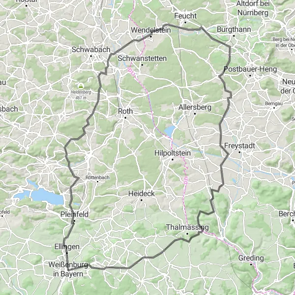 Map miniature of "Thrilling Bavarian Road Cycling Adventure" cycling inspiration in Mittelfranken, Germany. Generated by Tarmacs.app cycling route planner