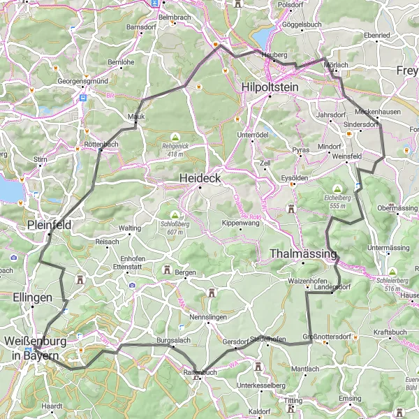 Map miniature of "Scenic Bavarian Road Loop" cycling inspiration in Mittelfranken, Germany. Generated by Tarmacs.app cycling route planner