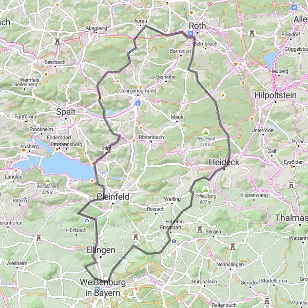 Map miniature of "Weißenburg to Hörlberg Road Route" cycling inspiration in Mittelfranken, Germany. Generated by Tarmacs.app cycling route planner