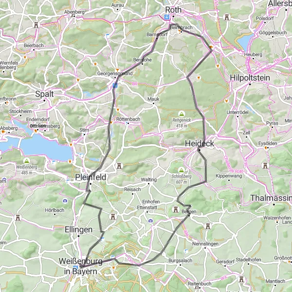 Map miniature of "Weißenburg to Steinerne Höhe Road Route" cycling inspiration in Mittelfranken, Germany. Generated by Tarmacs.app cycling route planner