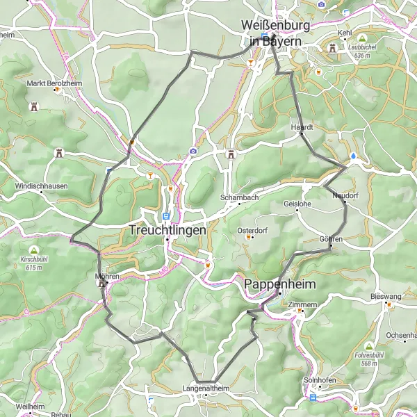 Map miniature of "Bergfried & Langenaltheim Loop" cycling inspiration in Mittelfranken, Germany. Generated by Tarmacs.app cycling route planner