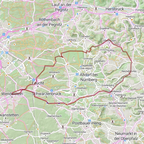Map miniature of "The Gravel Adventure through Wendelstein" cycling inspiration in Mittelfranken, Germany. Generated by Tarmacs.app cycling route planner