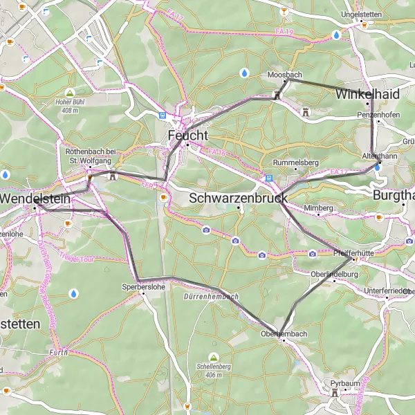 Map miniature of "Wendelstein to Winkelhaid Loop" cycling inspiration in Mittelfranken, Germany. Generated by Tarmacs.app cycling route planner