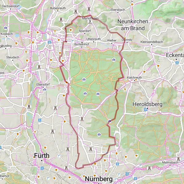 Karten-Miniaturansicht der Radinspiration "Abenteuerliche Gravel-Tour rund um Wetzendorf" in Mittelfranken, Germany. Erstellt vom Tarmacs.app-Routenplaner für Radtouren