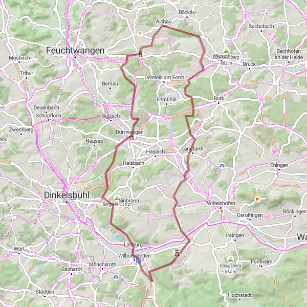 Map miniature of "Gravel cycling route near Wilburgstetten" cycling inspiration in Mittelfranken, Germany. Generated by Tarmacs.app cycling route planner