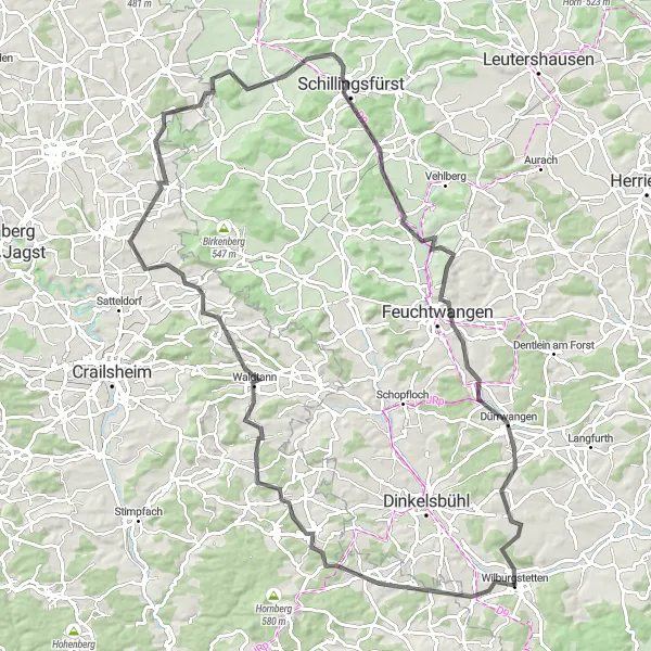 Karten-Miniaturansicht der Radinspiration "Road-Tour ins Grüne" in Mittelfranken, Germany. Erstellt vom Tarmacs.app-Routenplaner für Radtouren