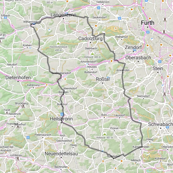 Map miniature of "Charming Road Circuit in Mittelfranken" cycling inspiration in Mittelfranken, Germany. Generated by Tarmacs.app cycling route planner