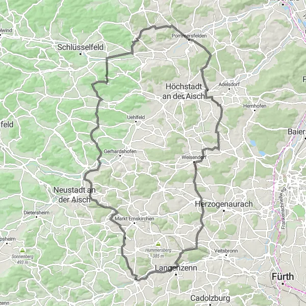 Map miniature of "Road Cycling Paradise" cycling inspiration in Mittelfranken, Germany. Generated by Tarmacs.app cycling route planner