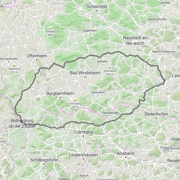 Map miniature of "Road Adventure through Mittelfranken" cycling inspiration in Mittelfranken, Germany. Generated by Tarmacs.app cycling route planner