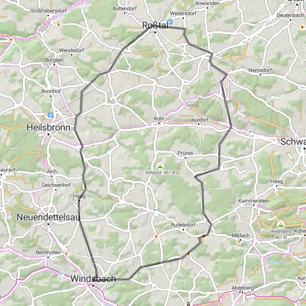 Karten-Miniaturansicht der Radinspiration "Historische Orte und Natur um Roßtal (Straße)" in Mittelfranken, Germany. Erstellt vom Tarmacs.app-Routenplaner für Radtouren