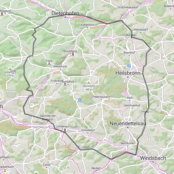 Map miniature of "Vineyards and Villages" cycling inspiration in Mittelfranken, Germany. Generated by Tarmacs.app cycling route planner