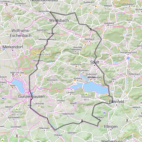 Map miniature of "Hills and Lakes Loop" cycling inspiration in Mittelfranken, Germany. Generated by Tarmacs.app cycling route planner