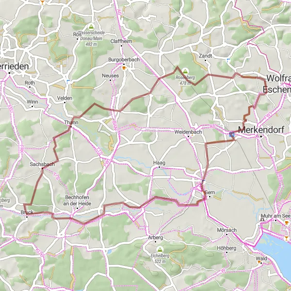 Map miniature of "Ornbau and Rosenberg Gravel Loop" cycling inspiration in Mittelfranken, Germany. Generated by Tarmacs.app cycling route planner