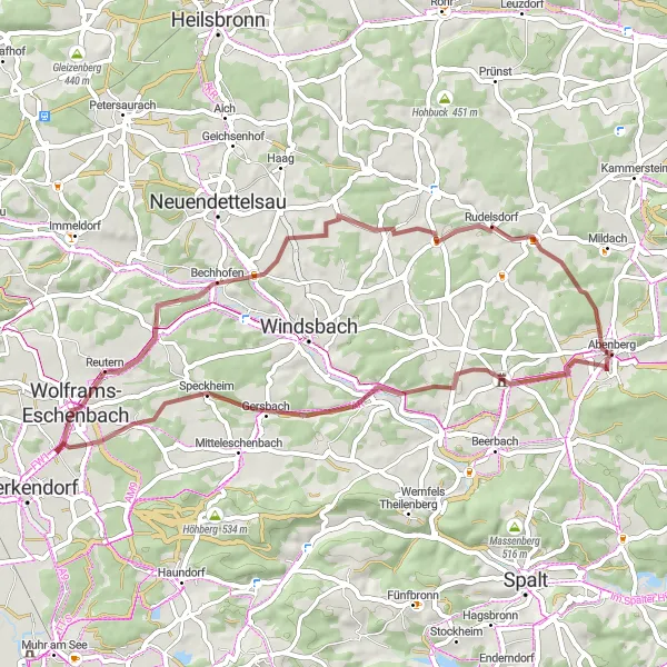 Map miniature of "Traversing Scenic Gravel Paths and Historical Landmarks" cycling inspiration in Mittelfranken, Germany. Generated by Tarmacs.app cycling route planner