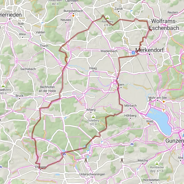 Map miniature of "Triesdorf and Weiherschneidbach Gravel Loop" cycling inspiration in Mittelfranken, Germany. Generated by Tarmacs.app cycling route planner