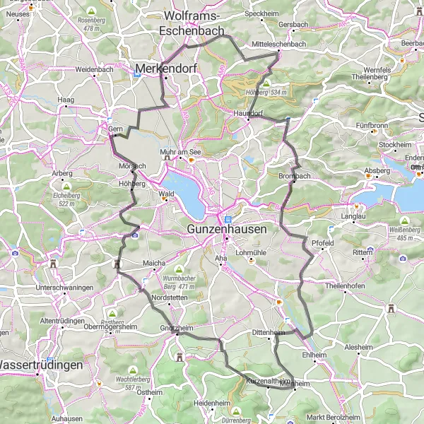 Map miniature of "Haundorf and Meinheim Road Loop" cycling inspiration in Mittelfranken, Germany. Generated by Tarmacs.app cycling route planner