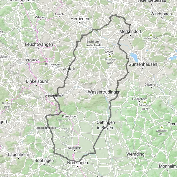 Map miniature of "Ornbau and Rosenberg Road Loop" cycling inspiration in Mittelfranken, Germany. Generated by Tarmacs.app cycling route planner
