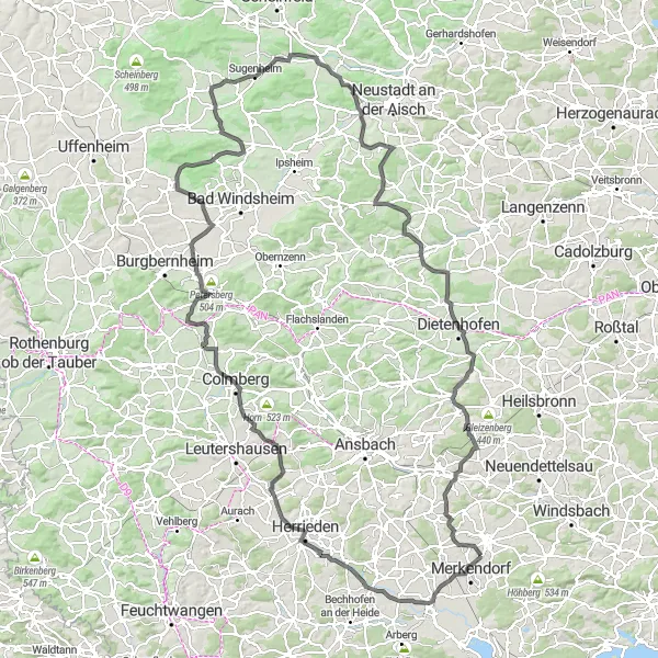 Map miniature of "Wolframs-Eschenbach Cycling Adventure" cycling inspiration in Mittelfranken, Germany. Generated by Tarmacs.app cycling route planner