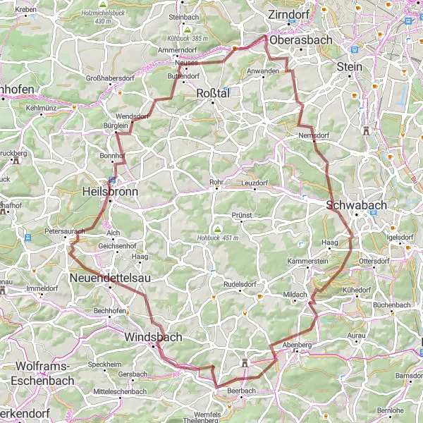 Map miniature of "Zirndorf Gravel Adventure" cycling inspiration in Mittelfranken, Germany. Generated by Tarmacs.app cycling route planner