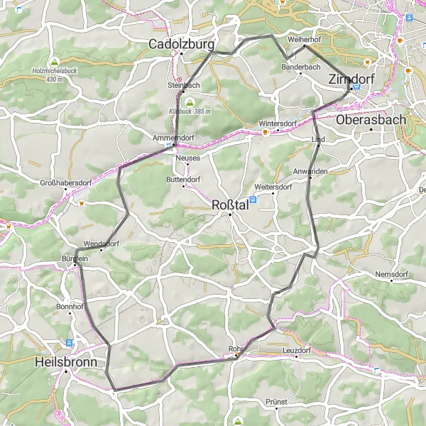 Map miniature of "Enchanting Road Tour from Zirndorf" cycling inspiration in Mittelfranken, Germany. Generated by Tarmacs.app cycling route planner