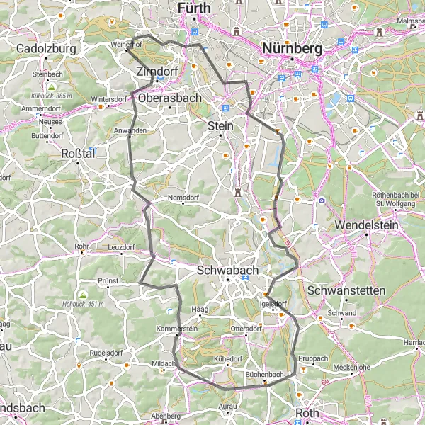 Map miniature of "Nuremberg Highlights" cycling inspiration in Mittelfranken, Germany. Generated by Tarmacs.app cycling route planner