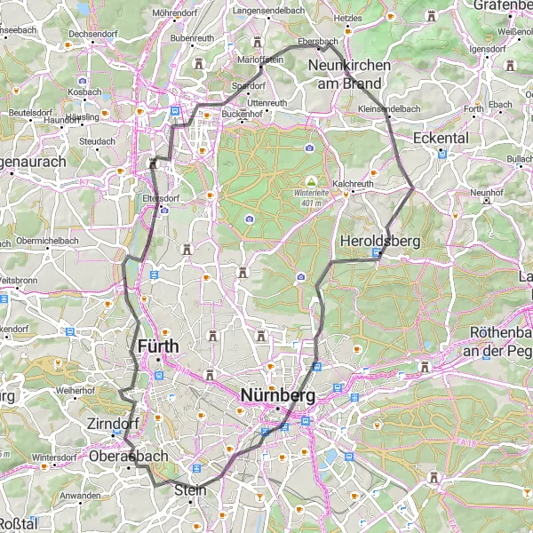 Map miniature of "Cultural, Scenic Road Tour" cycling inspiration in Mittelfranken, Germany. Generated by Tarmacs.app cycling route planner