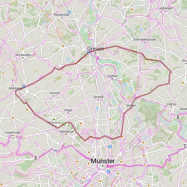 Map miniature of "Greven and Gelmer Gravel Loop" cycling inspiration in Münster, Germany. Generated by Tarmacs.app cycling route planner