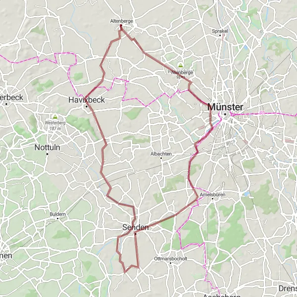 Map miniature of "Vorbergshügel and Sentruper Höhe Gravel Challenge" cycling inspiration in Münster, Germany. Generated by Tarmacs.app cycling route planner