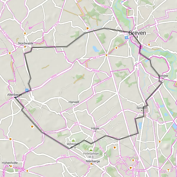 Map miniature of "Greven Loop" cycling inspiration in Münster, Germany. Generated by Tarmacs.app cycling route planner