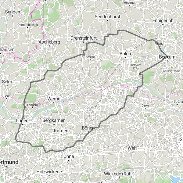 Karten-Miniaturansicht der Radinspiration "Rund um Beckum und Umgebung auf der Straße" in Münster, Germany. Erstellt vom Tarmacs.app-Routenplaner für Radtouren